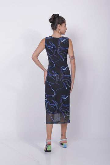 Freehand Blue Fitted Abstract Midi Mesh Dress