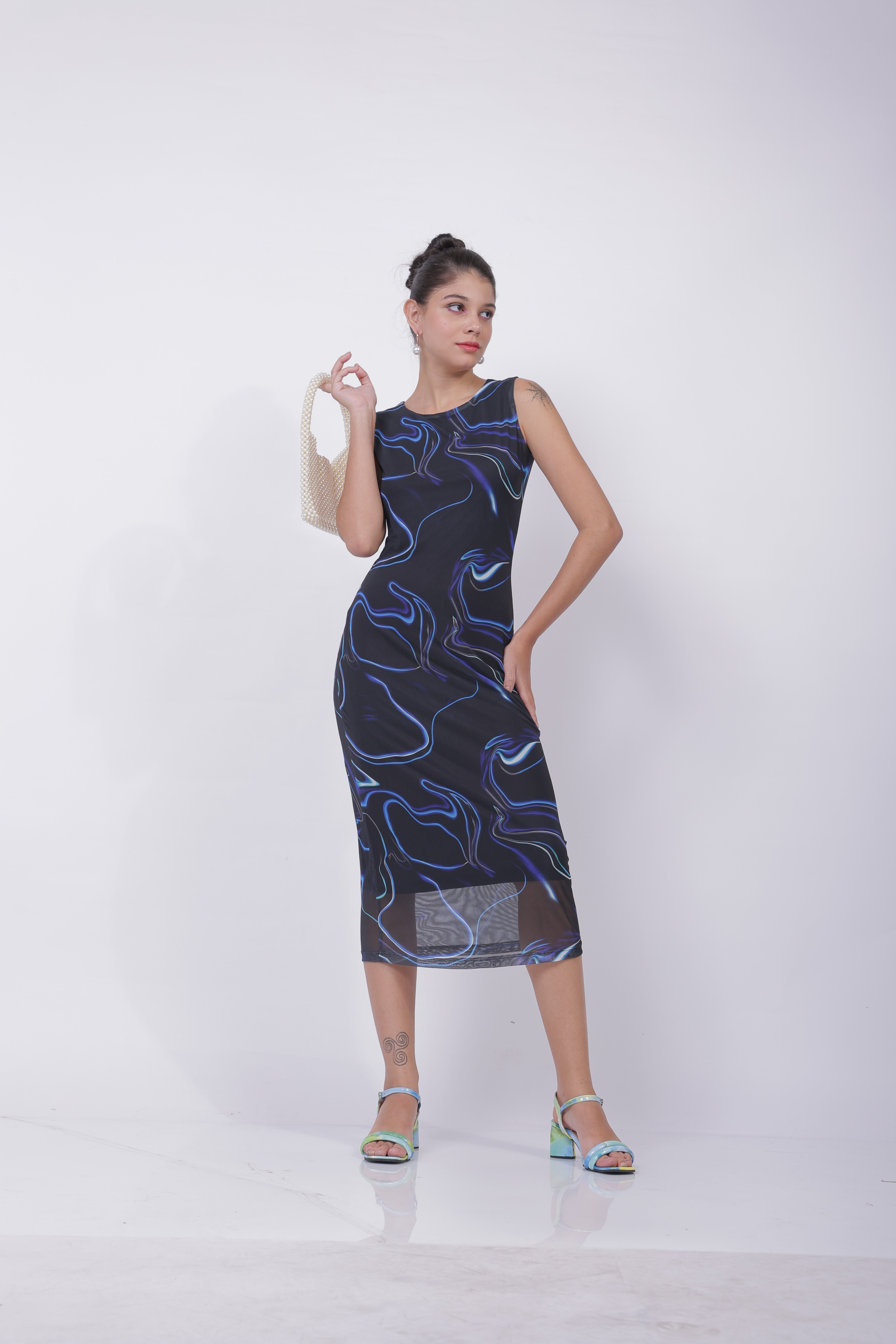 Freehand Blue Fitted Abstract Midi Mesh Dress