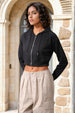 Women's Black Relaxed Fit Solid Cropped Front Open Sweatshirt