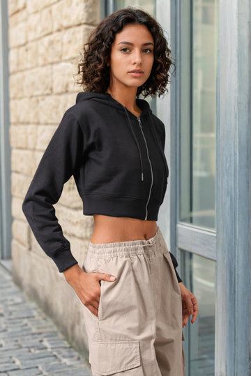 Women's Black Relaxed Fit Solid Cropped Front Open Sweatshirt