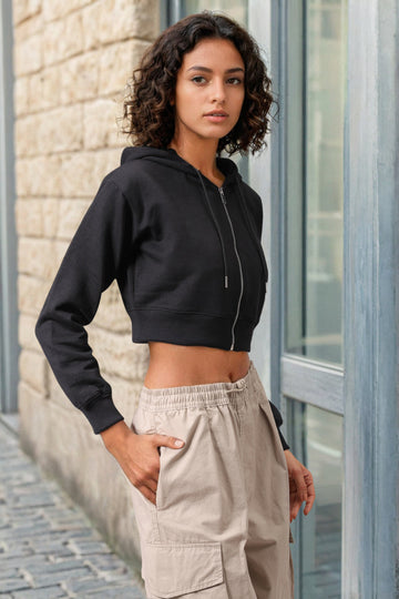 Women's Black Relaxed Fit Solid Cropped Front Open Sweatshirt