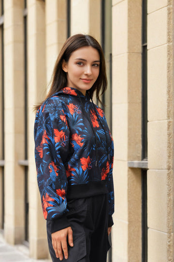 Women's Black Relaxed Fit Floral Hooded Sweatshirt