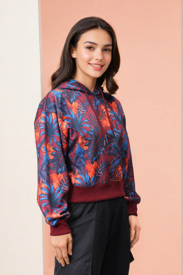 Women's Purple Relaxed Fit Floral Hooded Sweatshirt