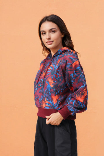 Women's Purple Relaxed Fit Floral Hooded Sweatshirt