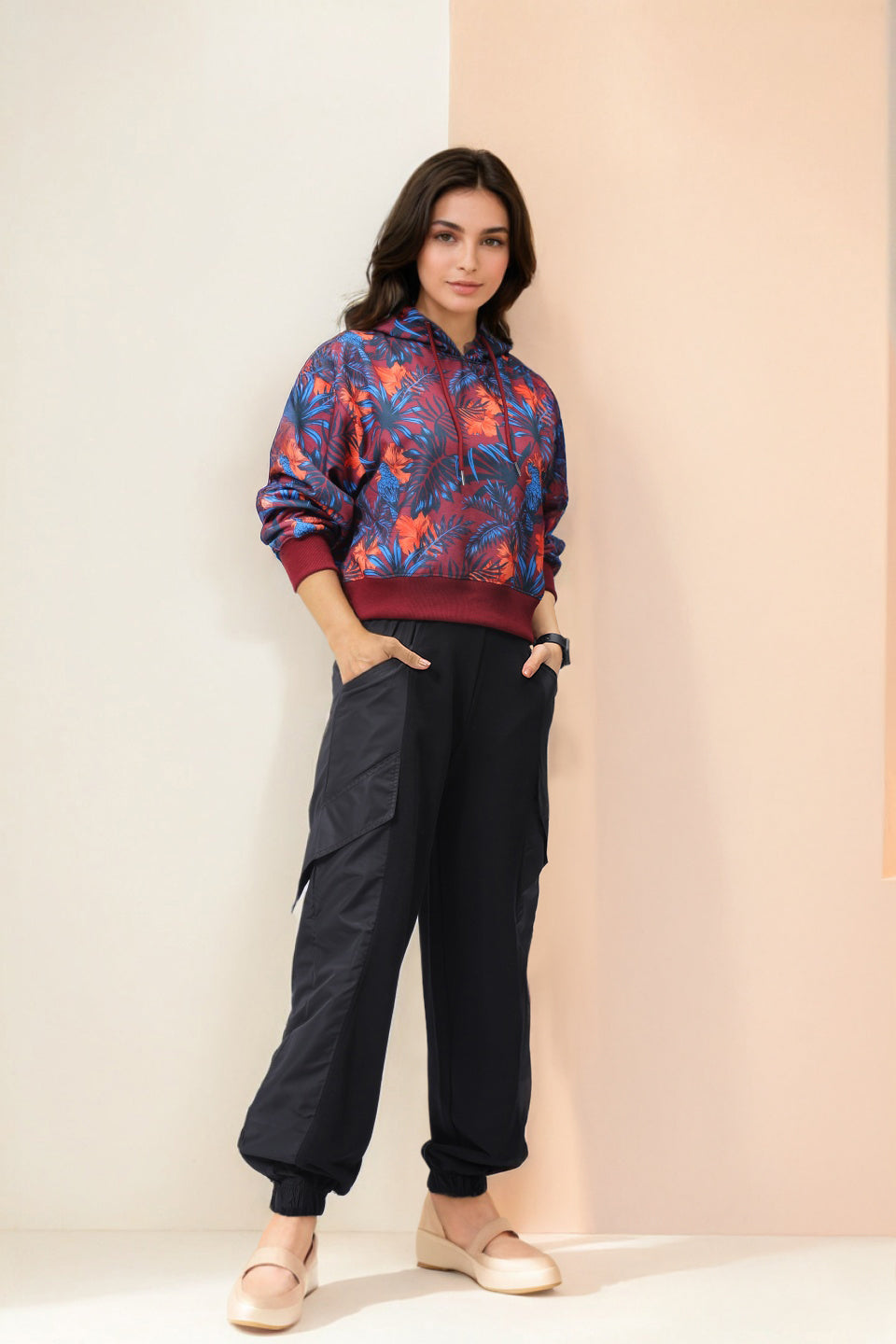 Women's Purple Relaxed Fit Floral Hooded Sweatshirt