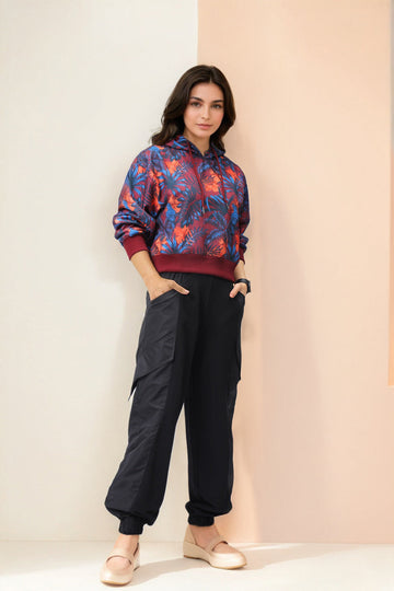 Women's Purple Relaxed Fit Floral Hooded Sweatshirt