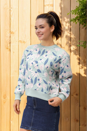 Women's Green Relaxed Fit Floral Crewneck Sweatshirt