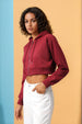 Women's Maroon Relaxed Fit Solid Cropped Front Open Sweatshirt