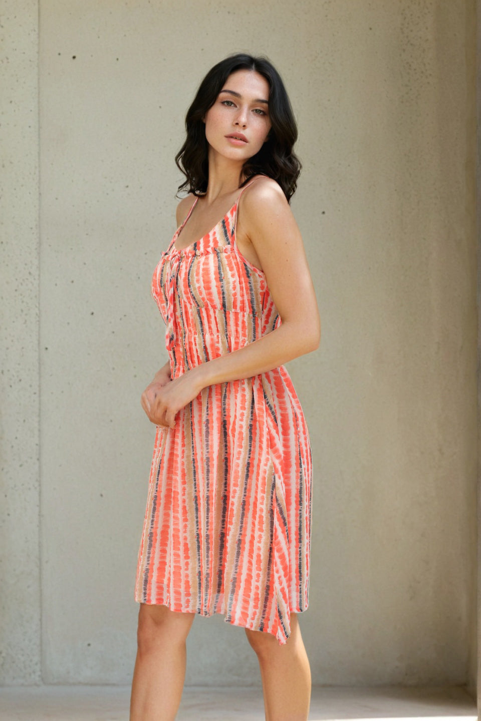 Women's Orange Fit and Flare Tie Dye Ruffle Dress
