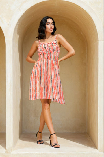 Women's Orange Fit and Flare Tie Dye Ruffle Dress