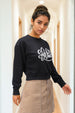 Women's Black Relaxed Fit Typographic Cropped Sweatshirt