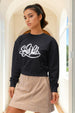 Women's Black Relaxed Fit Typographic Cropped Sweatshirt