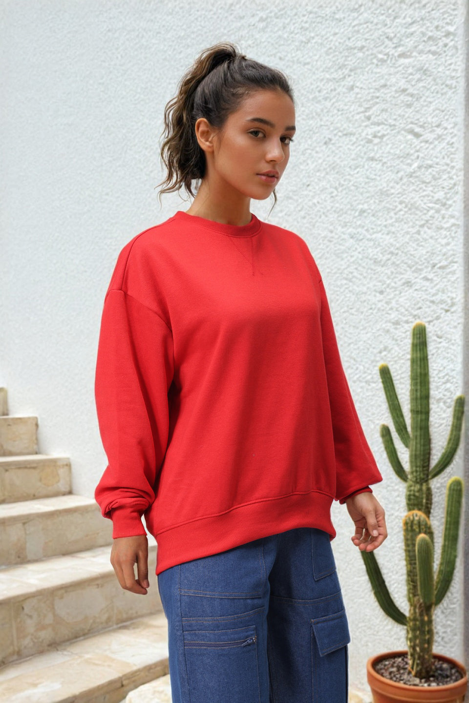 Women's Red Oversized Solid Sweatshirt