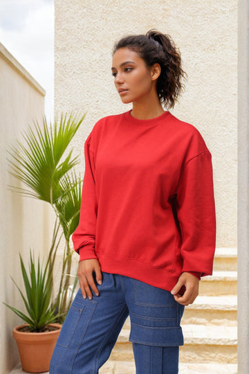 Women's Red Oversized Solid Sweatshirt