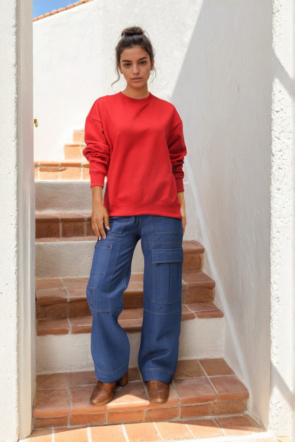 Women's Red Oversized Solid Sweatshirt