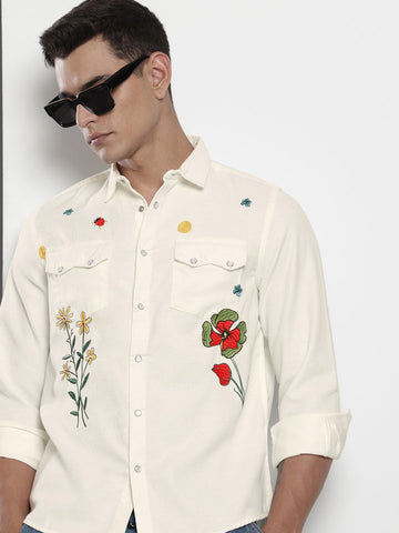Men's Cream Regular Fit Floral Printed Resort Wear Shirt