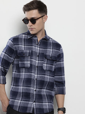 Men's Blue Slim Fit Checked Casual Shirt