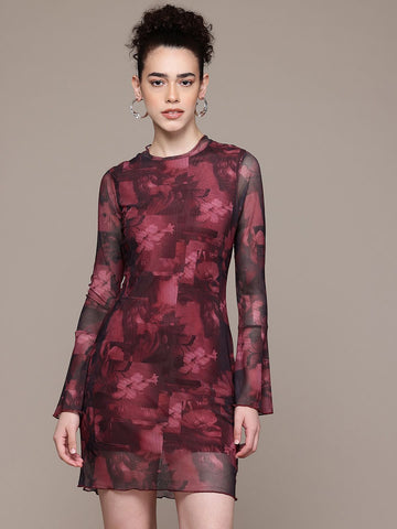 Women Regular Fit Maroon Full Sleeves Dress