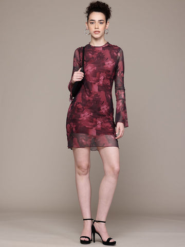 Women Regular Fit Maroon Full Sleeves Dress