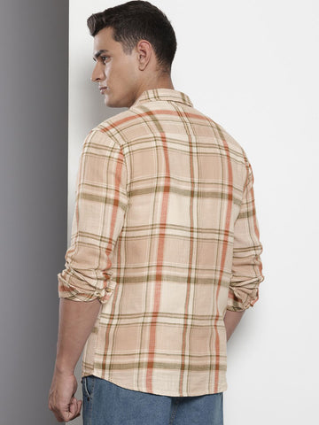 Men's Beige Slim Fit Checked Casual Shirt