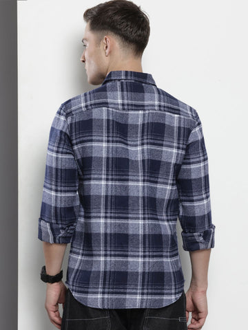 Men's Blue Slim Fit Checked Casual Shirt
