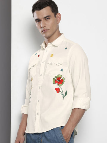 Men's Cream Regular Fit Floral Printed Resort Wear Shirt