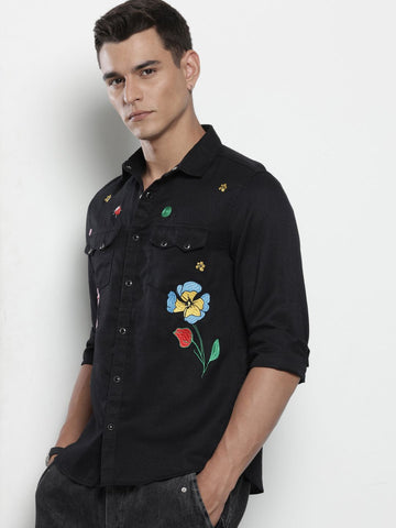 Men's Black Regular Fit Floral Printed Resort Wear Shirt