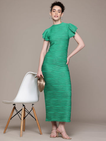Women Regular Fit Green Half Sleeves Dress