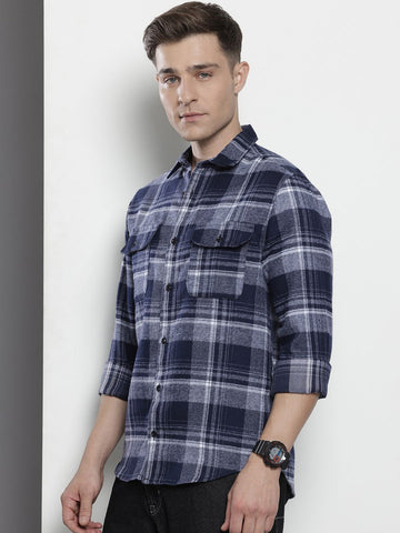 Men's Blue Slim Fit Checked Casual Shirt