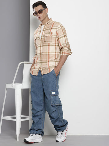 Men's Beige Slim Fit Checked Casual Shirt