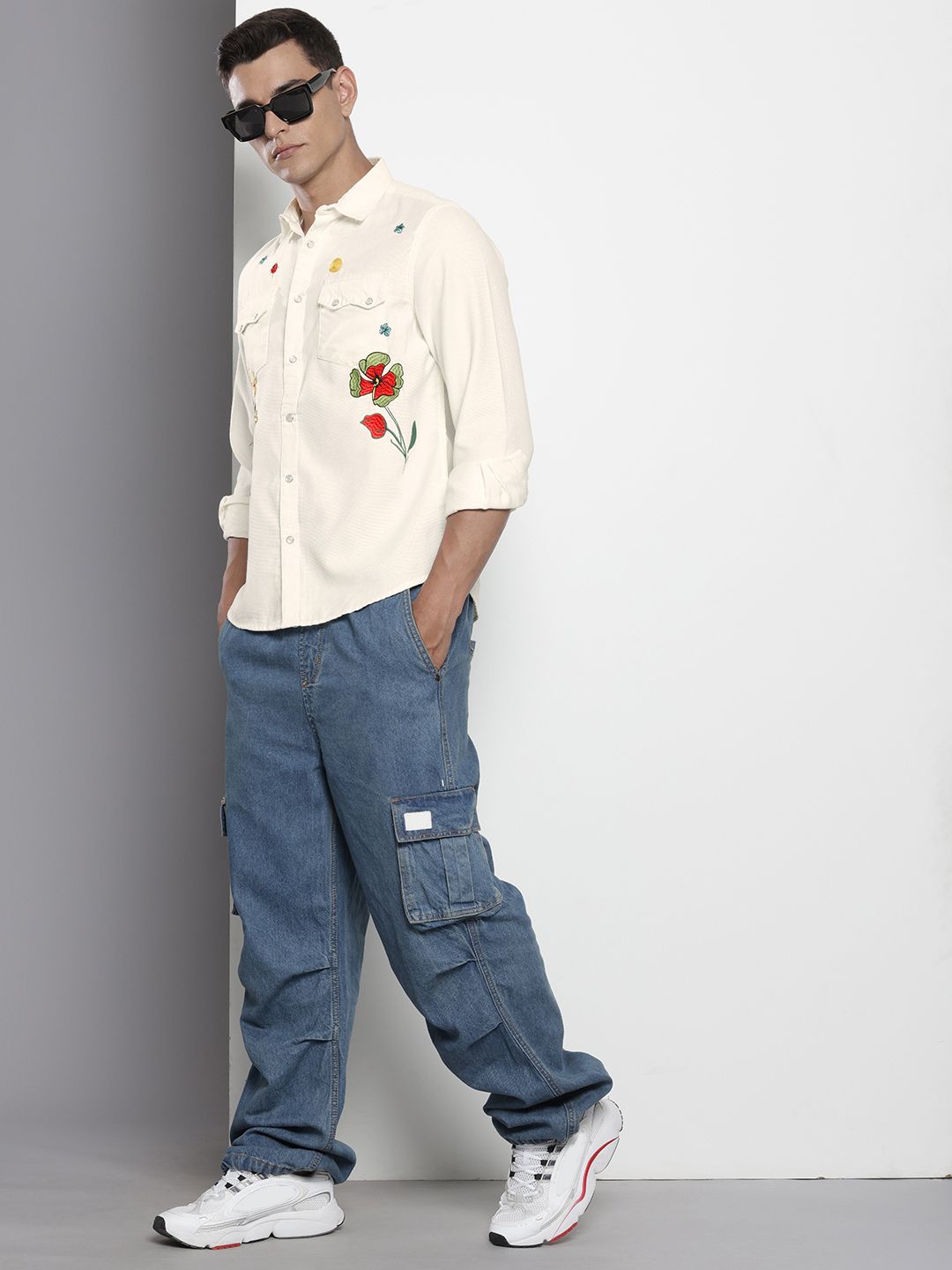 Men's Cream Regular Fit Floral Printed Resort Wear Shirt