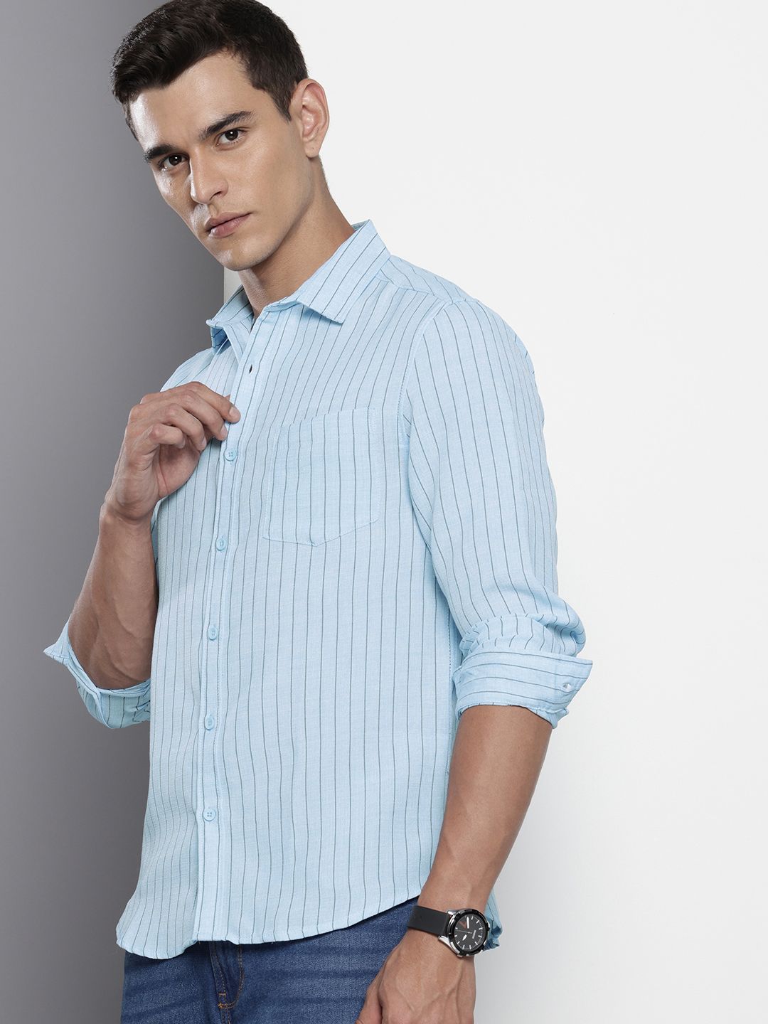 Men's Blue Slim Fit Striped Casual Shirt