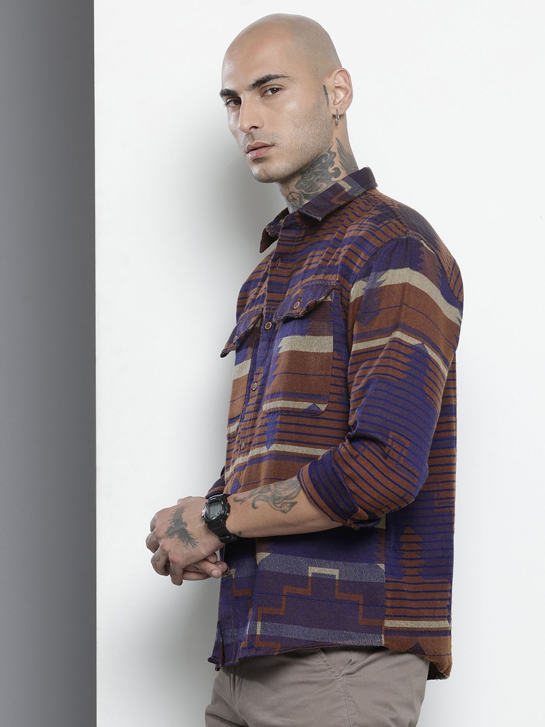 Men's Brown Relaxed Fit Printed Bohemian Shirt
