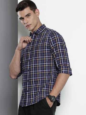 Men's Blue Slim Fit Checked Casual Shirt