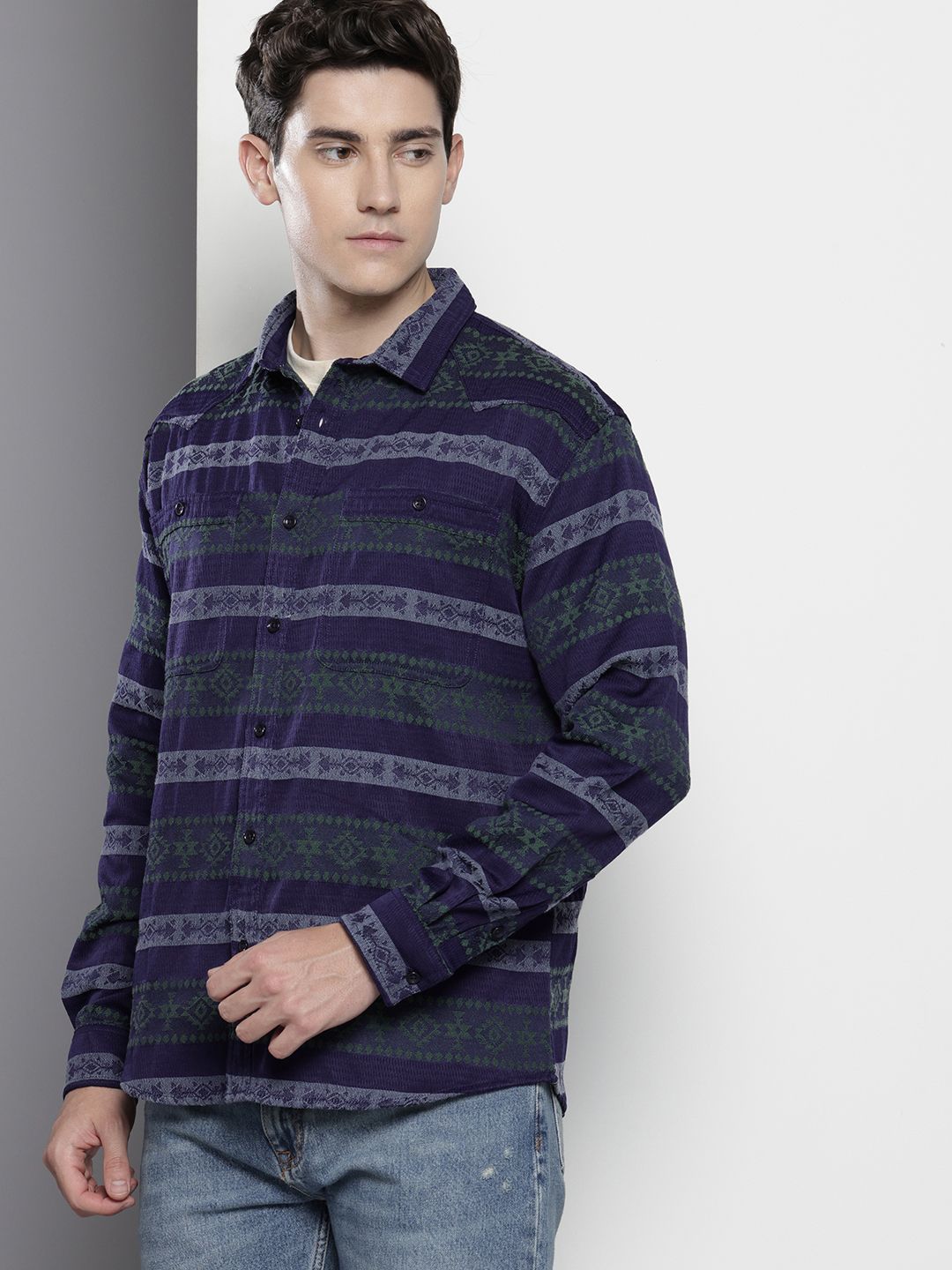 Men's Blue Relaxed Fit Printed Resort Wear Shirt