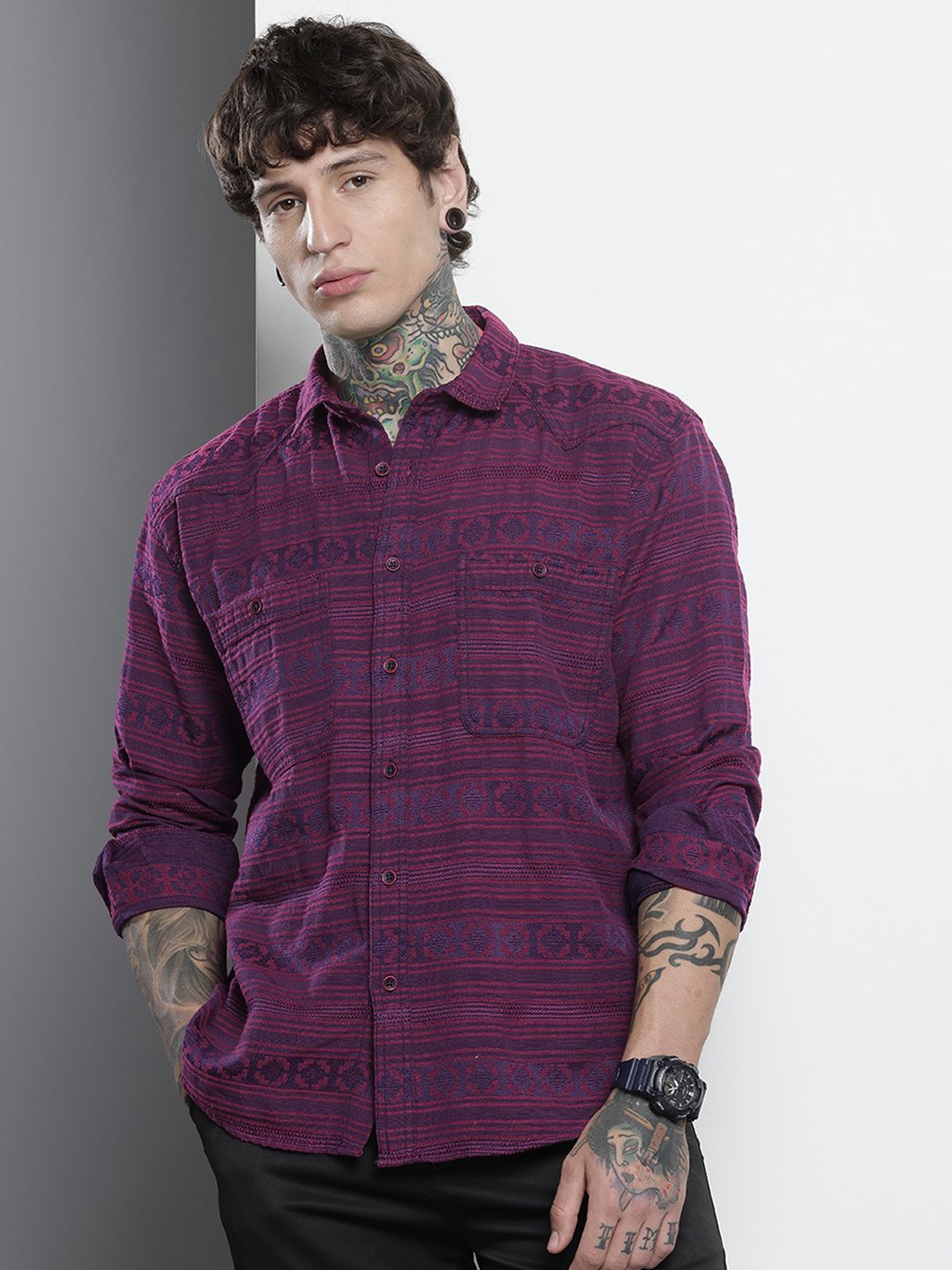 Men's Purple Relaxed Fit Textured Casual Shirt