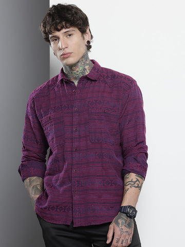 Men's Purple Relaxed Fit Textured Casual Shirt