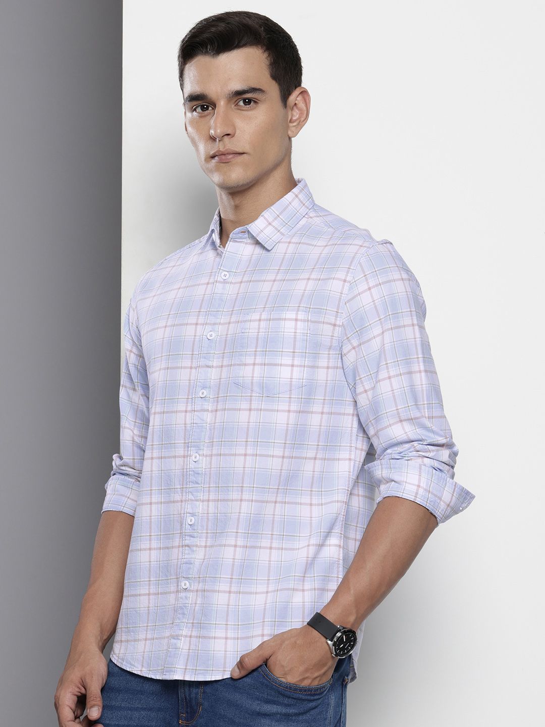 Men's Blue Slim Fit Checked Casual Shirt