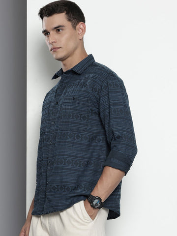 Men's Blue Relaxed Fit Textured Casual Shirt