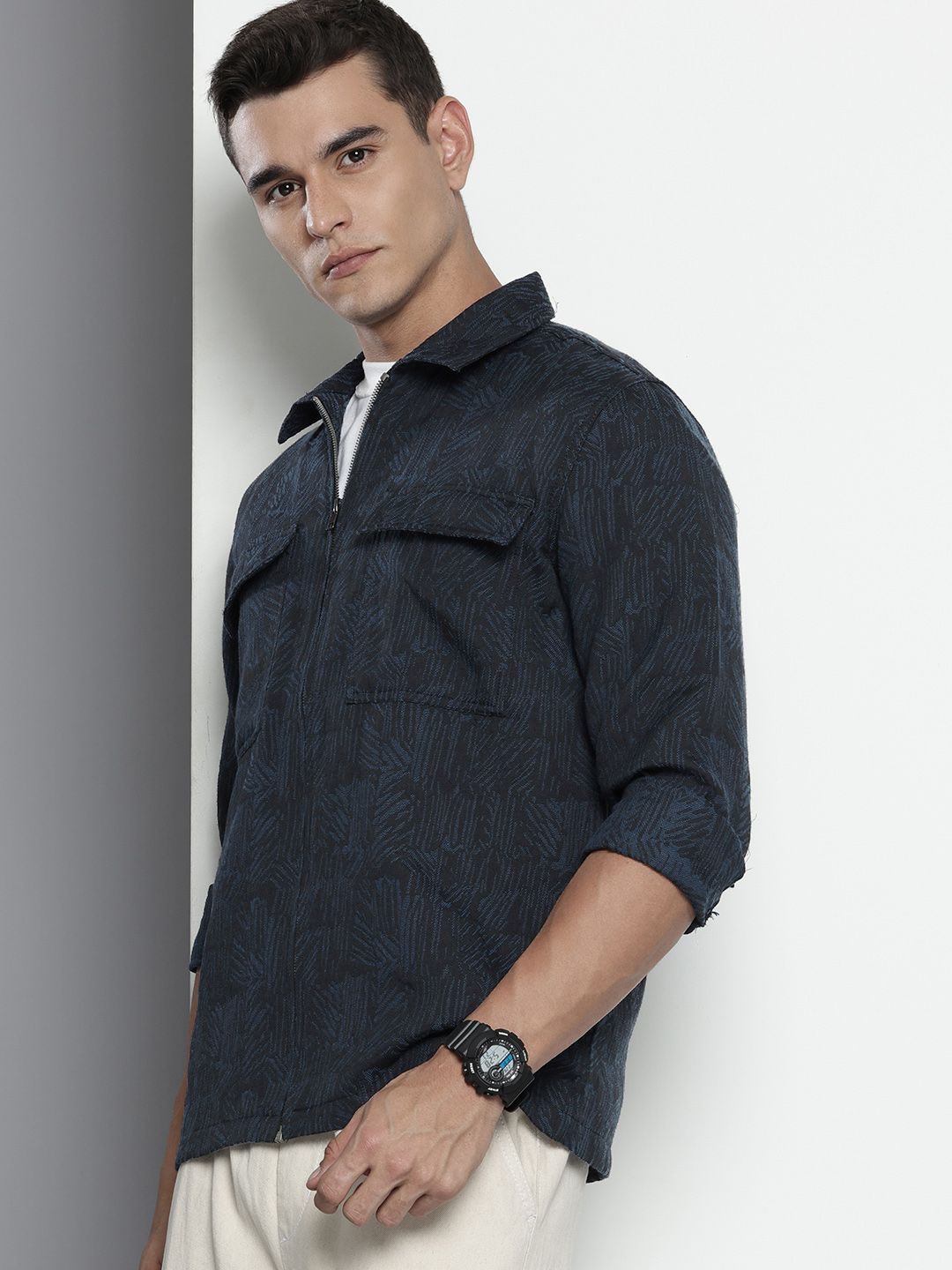 Men's Blue Regular Fit Textured Casual Shirt