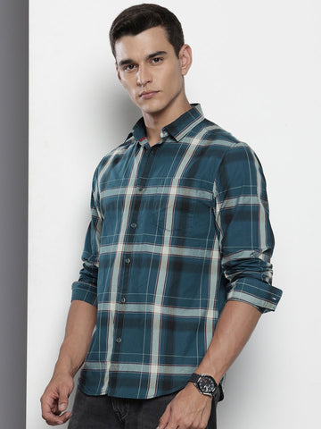 Men's Blue Slim Fit Checked Casual Shirt