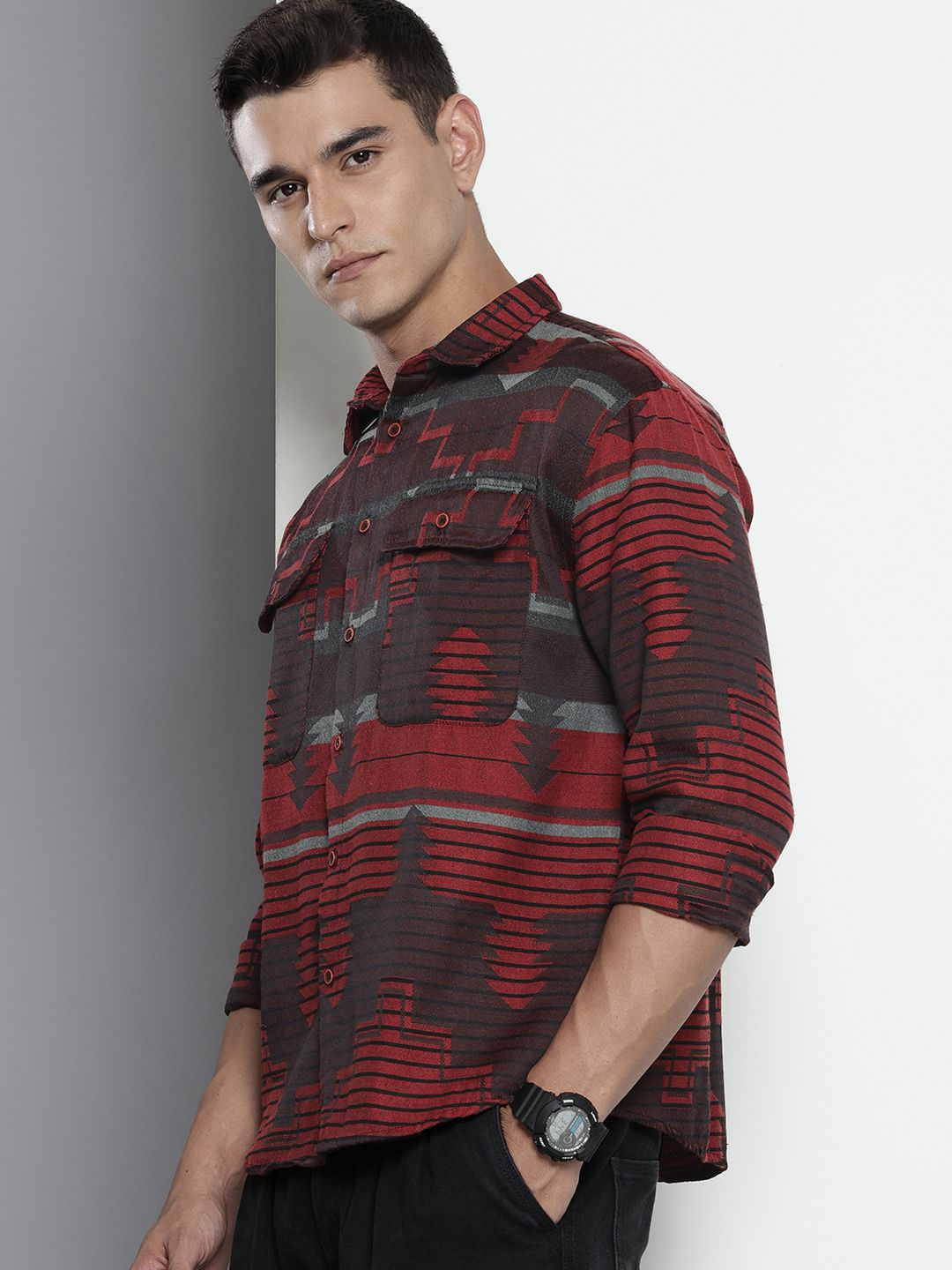 Men's Red Relaxed Fit Printed Bohemian Shirt