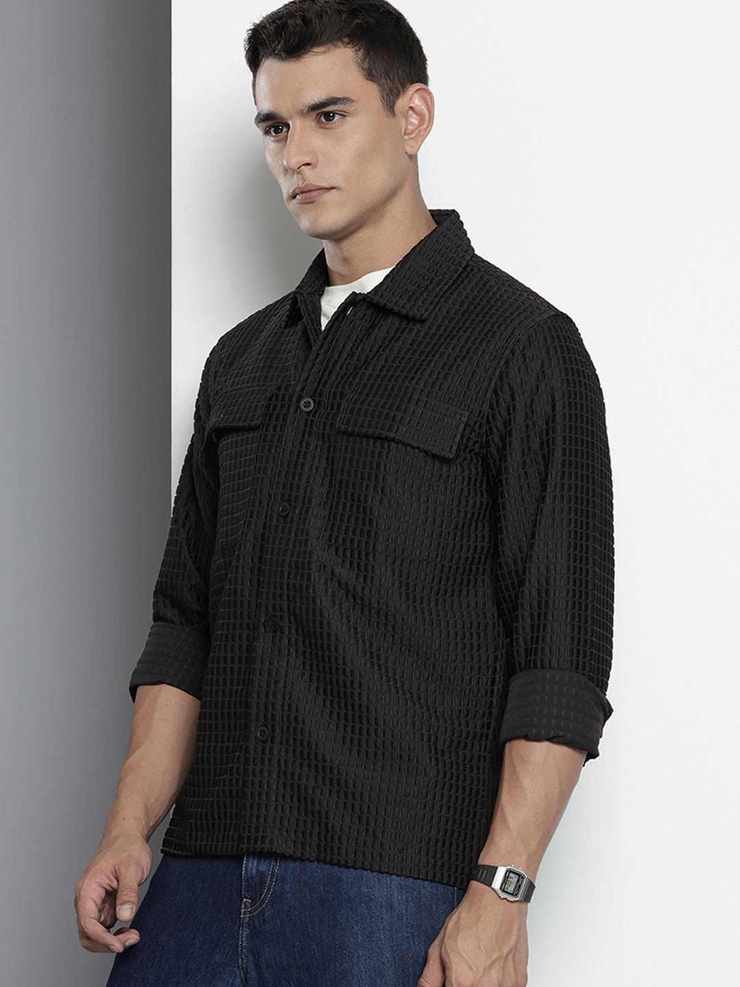 Men's Black Regular Fit Solid Textured Shirt