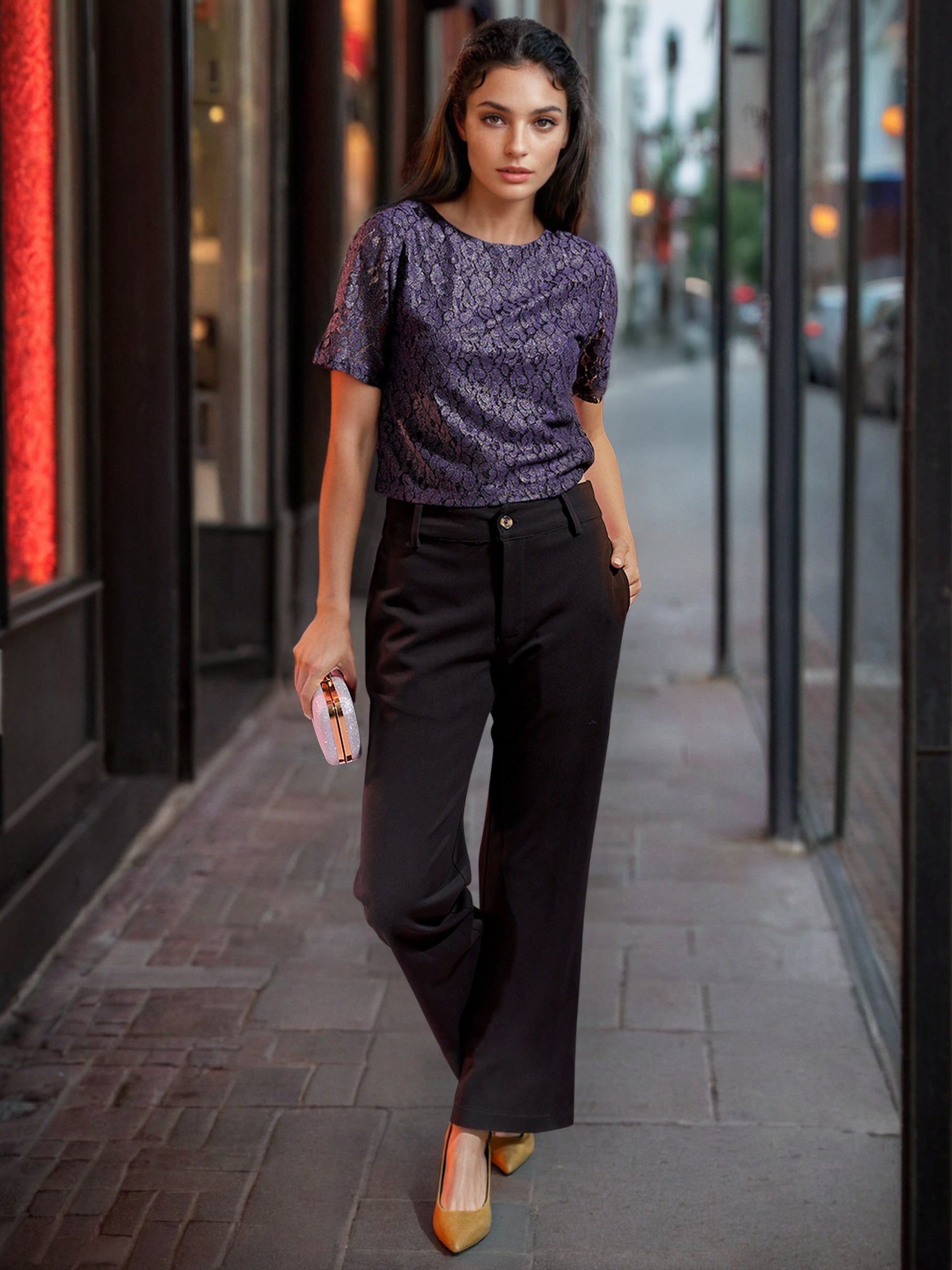 Women's Blue Regular Lace Round Neck Regular Top