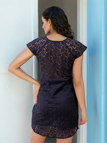 Women's Blue Fitted Lace Round Neck Bodycon Dress