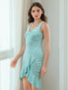 Women's Green Fitted Textured Scoop Neck Partywear Ruffle Dress
