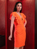 Women's Orange Fitted Textured V-Neck Partywear Ruffle Dress
