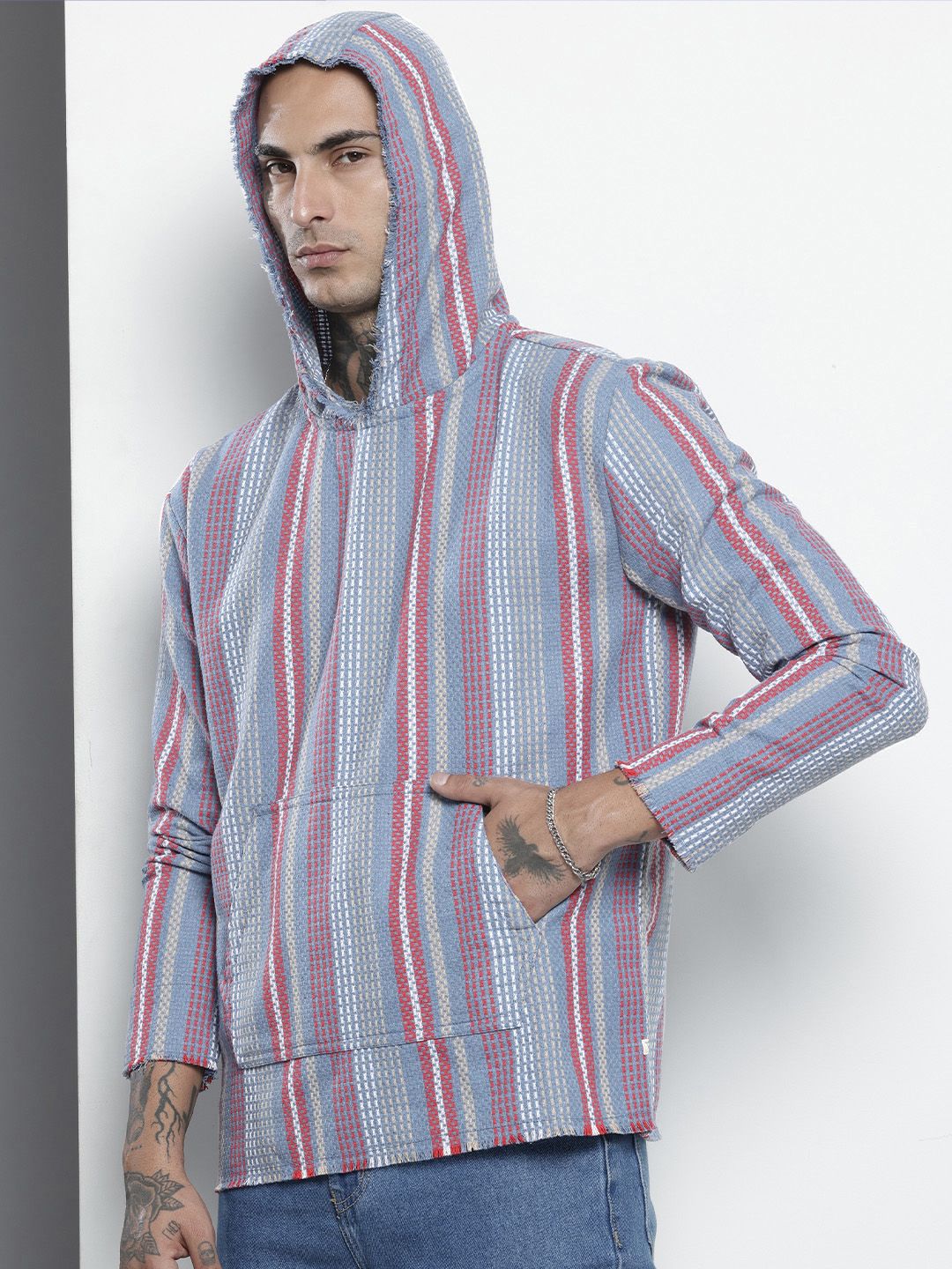 Men's Blue Relaxed Fit Striped Bohemian Shirt
