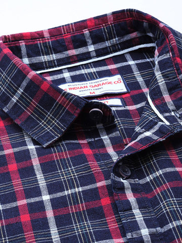 Men's Navy Blue Slim Fit Checked Casual Shirt