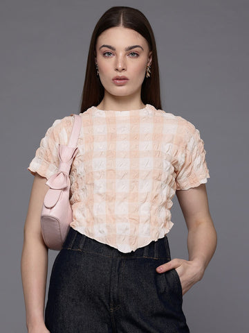 Freehand Peach Women's Fitted Textured Asymmetric Top